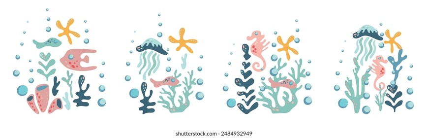 Undersea world. A set of Abstract drawings with underwater scenes of sea inhabitants and algae. Vector ornament with fish and jellyfish. For fabric, textiles, wallpaper, cards.