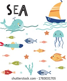 
Undersea world. Set of marine cartoon characters such as fish, jellyfish, whale, boat. Great for poster, print on baby products
