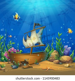 Undersea world with ship. Marine Life Landscape - the ocean and the underwater world with different inhabitants. For design websites and mobile phones, printing.