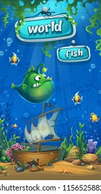 Undersea world with ship mobile format. Marine Life Landscape - the ocean and the underwater world with different inhabitants. For design websites and mobile phones, printing.