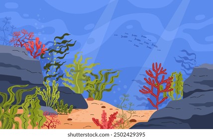 Undersea world. Variety of marine green and red algae and coral reefs. Bottom is covered with sand and stones. Blue water, rays of light, fish. Banner. Ocean ecosystem concept. Vector illustration.