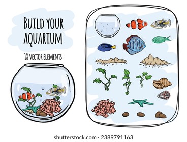  Unterseewelt. Vektorset aus Fischen und Meereselementen für Kinderspiel, Illustration und Design.