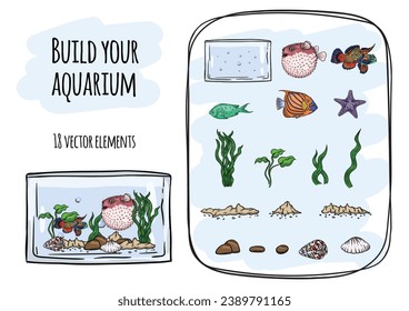  Undersea world. Vector set of fish and sea elements for creating children's game, illustration and design.