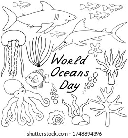 Undersea world. Vector set of illustrations. Outline on a white isolated background. The inhabitants of the ocean. Hand drawing style. Sketch. Sea creatures. Shark, reef, jellyfish. Coloring book.
