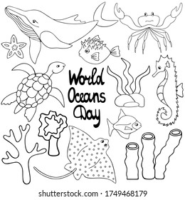 Undersea world. Vector set of illustrations. Outline on a white isolated background. The inhabitants of the ocean. Hand drawing style. Sketch. Sea creatures. Whale, seahorse, turtle. Coloring book.