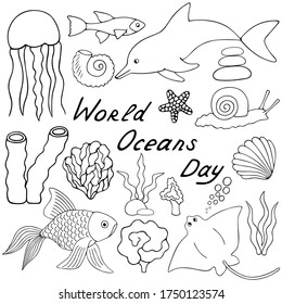 Undersea world. Vector set of illustrations. Outline on a white isolated background. The inhabitants of the ocean. Hand drawing style. Sketch. Sea creatures. Dolphin, goldfish, turtle. Coloring book.