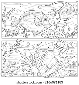 Undersea World.Fish And A Bottle With A Message.Coloring Book Antistress For Children And Adults. Illustration Isolated On White Background.Zen-tangle Style. Hand Draw