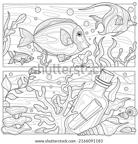 Undersea world.Fish and a bottle with a message.Coloring book antistress for children and adults. Illustration isolated on white background.Zen-tangle style. Hand draw