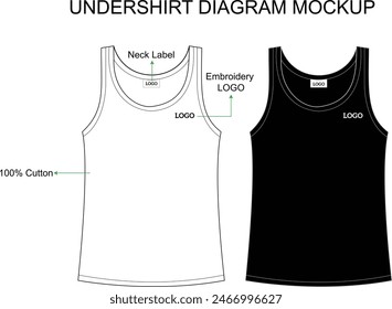 Undershirt top sleevesless front view black and white flate technical drawing vector  illustration tech pack mockup template free