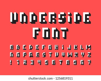 Underside font. Vector alphabet letters and numbers. Typeface design. 