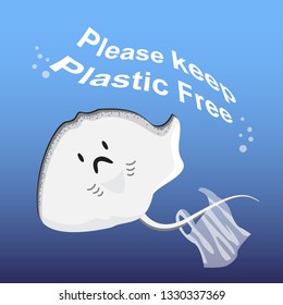 Underside Of A Stingray and hang plastic bag at the tail. "Plastic pollution" Vector illustation