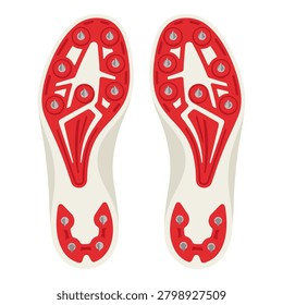 Underside view of professional running shoes showing red grip pattern with metallic spikes for track racing athletes.