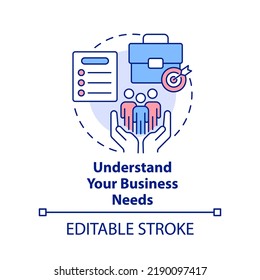 Understand business needs concept icon. Creating leader practice abstract idea thin line illustration. Enterprise analysis. Isolated outline drawing. Editable stroke. Arial, Myriad Pro-Bold fonts used