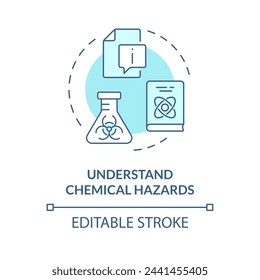 Understand chemical hazards soft blue concept icon. Laboratory information management. Sample tracking. Round shape line illustration. Abstract idea. Graphic design. Easy to use presentation