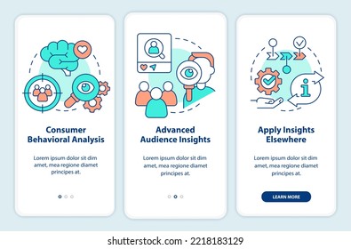 Understand consumer behavior onboarding mobile app screen. Marketing walkthrough 3 steps editable graphic instructions with linear concepts. UI, UX, GUI template. Myriad Pro-Bold, Regular fonts used