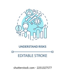 Understand risks turquoise concept icon. Market analyzing. Investment expectation abstract idea thin line illustration. Isolated outline drawing. Editable stroke. Arial, Myriad Pro-Bold fonts used