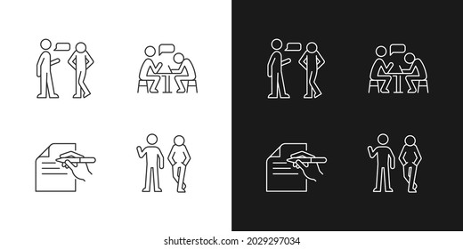 Comprensión en los iconos lineales de comunicación establecidos para el modo oscuro y luminoso. Señal no verbal. Barreras de actitud. Símbolos de línea delgada personalizables. Ilustraciones aisladas del contorno vectorial. Trazo editable