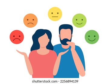 Understanding and control of emotion in couple family, crisis in relationship. Man and woman change emotions, fake face. Pair play role, choice emotion, control reaction. Vector illustration
