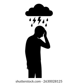 Compreendendo o conceito de depressão ilustração de homem triste com nuvem de chuva sobre sua cabeça gráfico vetorial