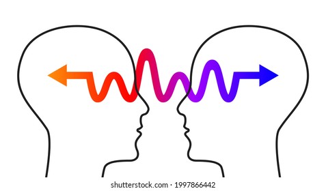 Verständnis und Empathie-Logo. Kommunikationssymbol. Zwei männliche Profile mit Pfeil. Vektorgrafik. Coach-Konzept