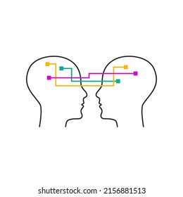 Comprensión, metáfora de empatía. Icono de pensamiento. Concepto de psicología. Diálogo, logotipo de comunicación. Dos perfiles masculinos