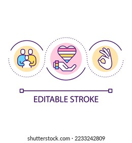 Understanding family members loop concept icon. Same gender parents. Raising child. LGBT community abstract idea thin line illustration. Isolated outline drawing. Editable stroke. Arial font used