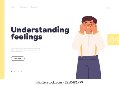 Understanding feelings concept of landing page with small boy hiding, cover eyes with hands. Little kid afraid and scared with hidden face. Awkward child embarrassed. Cartoon flat vector illustration