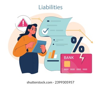 Understanding Financial Liabilities. Thoughtful woman reviews financial document amidst decreasing interest rates and credit card concerns. Navigating economic challenges. Flat vector illustration.