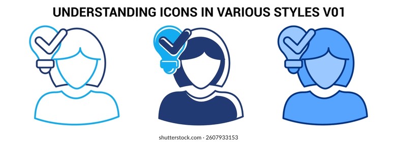 Understanding icon represented by woman, bulb, check mark Blue, Dualline, Dualtone style.