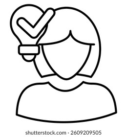 Understanding icon represented by woman, bulb, check mark Line style.