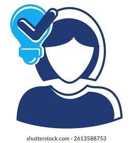 Understanding icon represented by woman, bulb, check mark Dualtone style.