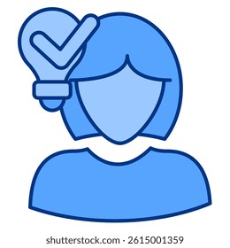 Understanding icon represented by woman, bulb, check mark Blue style.