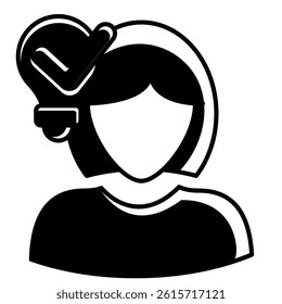 Understanding icon represented by woman, bulb, check mark Black Filled style.