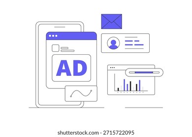 Comprender los aspectos clave de la publicidad digital. Comprender la analítica y el compromiso de marketing digital. Análisis efectivo de datos para decisiones de negocio. Ilustración vectorial plana de la historieta, icono Web elegante de la página de aterrizaje del diseño abstracto