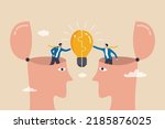 Understanding lead to success, agreement or think together to find solution to solve problem, insight or team communication concept, businessmen partner open their head to connect lightbulb jigsaw.
