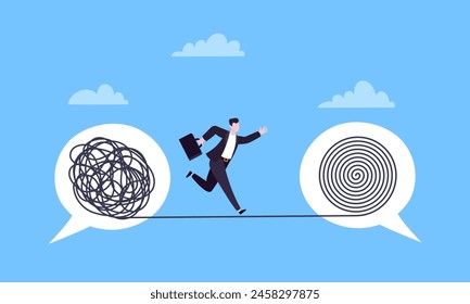 Understanding problem solution simplify challenge. Unravel business chaos process with tangle difficult problem mess business concept flat design vector illustration. Chaos to order, complex to simple