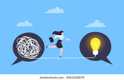 Understanding problem solution simplify challenge with idea. Unravel business chaos process with tangle difficult problem mess business concept flat design vector illustration. Chaos to order metaphor