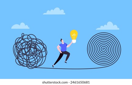 Understanding problem solution simplify challenge with idea. Unravel business chaos process with tangle difficult problem mess business concept flat design vector illustration. Chaos to order metaphor