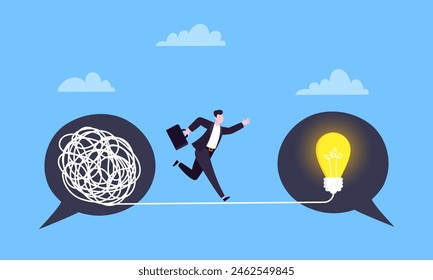 Understanding problem solution simplify challenge with idea. Unravel business chaos process with tangle difficult problem mess business concept flat design vector illustration. Chaos to order metaphor
