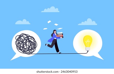 Understanding problem solution simplify challenge with idea. Unravel business chaos process with tangle difficult problem mess business concept flat design vector illustration. Chaos to order metaphor