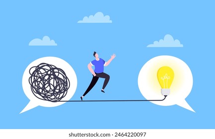 Understanding problem solution simplify challenge with idea. Unravel business chaos process with tangle difficult problem mess business concept flat design vector illustration. Chaos to order metaphor