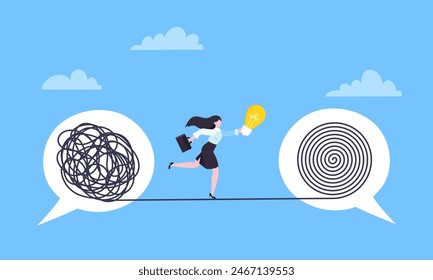 Understanding problem solution simplify challenge with idea. Unravel business chaos process with tangle difficult problem mess business concept flat design vector illustration. Chaos to order metaphor