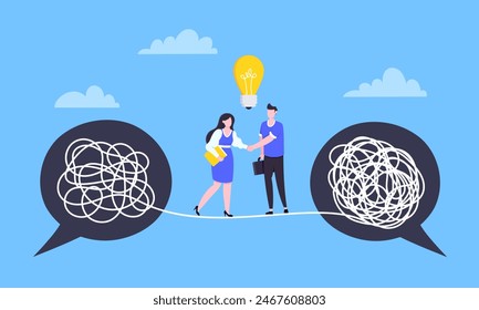 Understanding problem solution simplify challenge with idea. Unravel business chaos process with tangle difficult problem mess business concept flat design vector illustration. Chaos to order metaphor