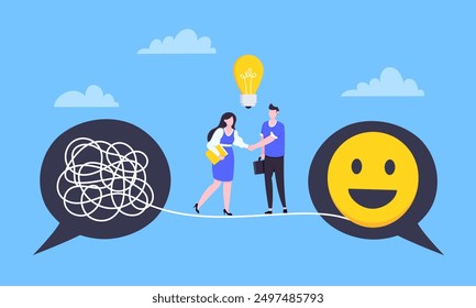 Understanding problem solution simplify challenge with idea. Unravel business chaos process with tangle difficult problem mess business concept flat design vector illustration. Chaos to order metaphor
