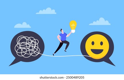 Understanding problem solution simplify challenge. Unravel business chaos process with tangle difficult problem mess business concept flat design vector illustration. Chaos to order, complex to simple