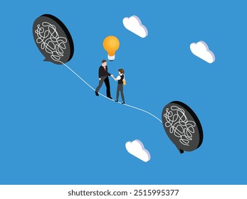 Understanding problem solution simplify challenge. Unravel business chaos process with tangle difficult problem mess business 3d isometric vector illustration