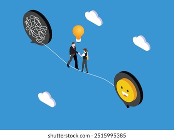 Understanding problem solution simplify challenge with idea. Unravel business chaos process with tangle difficult problem mess business 3d isometric vector illustration