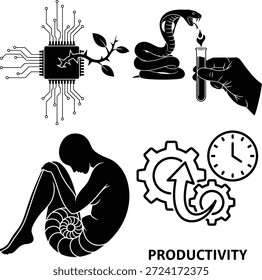 Comprender la productividad: una metáfora visual del impacto tecnológico, el estado humano y la eficacia aislada en el fondo blanco, Vector