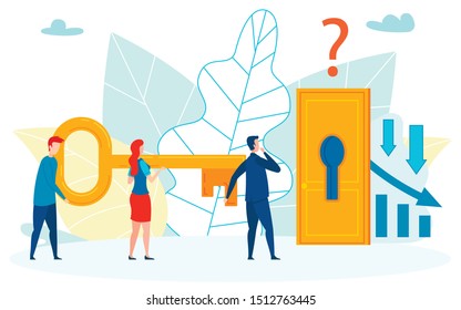 Understanding Recession Concept Flat Illustration. Cartoon People Holding Key for Closed Door with Keyhole. Arrows Indicating Decline, Decrease Rates Diagrams. Confused Man, Surprised Analyst