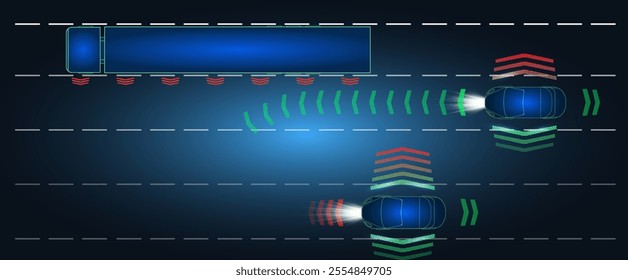 Understanding the right turn of a vehicle near a large truck at nighttime in an urban setting.